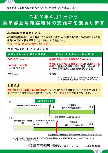 【厚生労働省リーフレット】令和７年４月１日から高年齢雇用継続給付の支給率を変更します